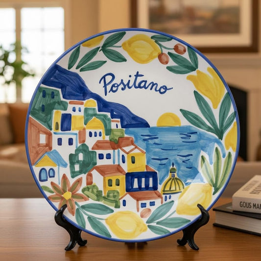 Positano Inspired Ceramic Plate Colorful Amalfi Coast Landscape Wall Art Decor Including Stand