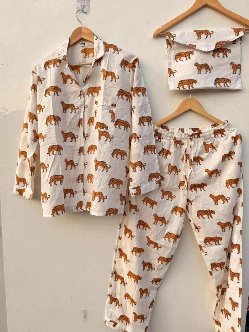 Leopard Cotton Pajamas Women Safari Animal Sleepwear Summer Loungewear Jungle Nightwear