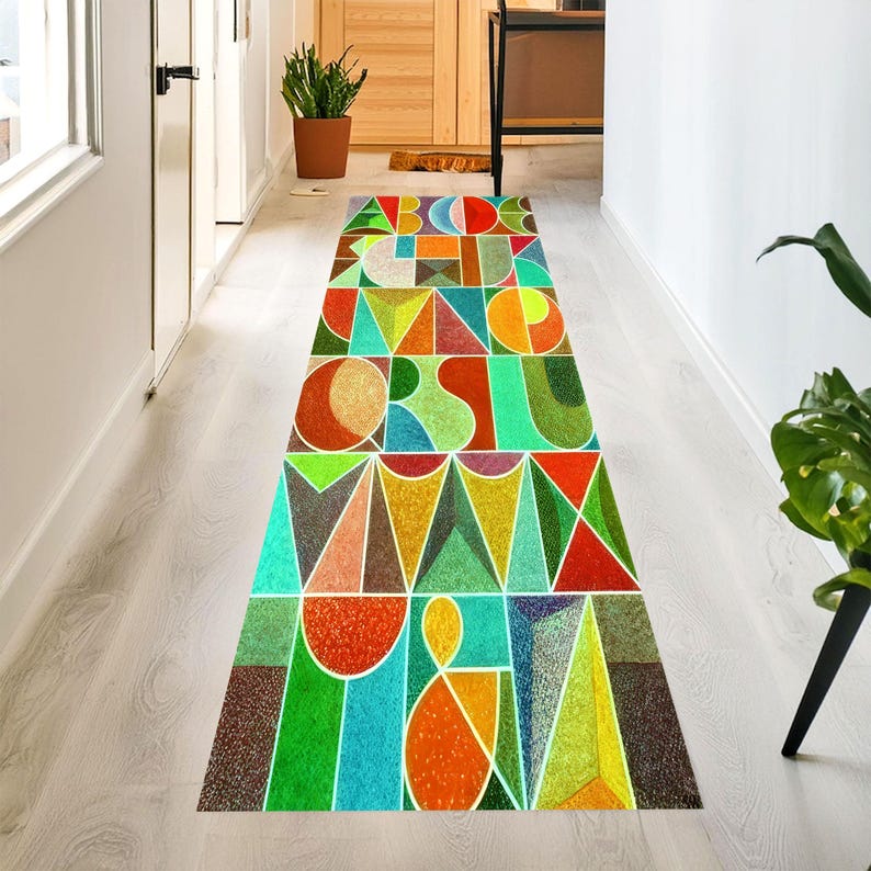 Alphabet Runner Rug: Colorful Geometric Letter Hallway Carpet, Non-Slip Machine-Washable