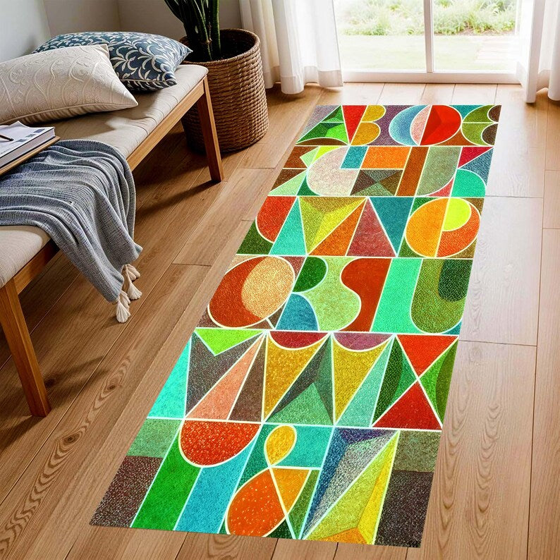 Alphabet Runner Rug: Colorful Geometric Letter Hallway Carpet, Non-Slip Machine-Washable