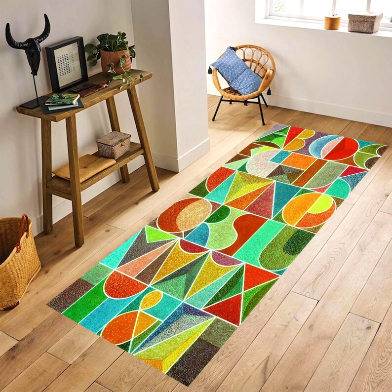 Alphabet Runner Rug: Colorful Geometric Letter Hallway Carpet, Non-Slip Machine-Washable