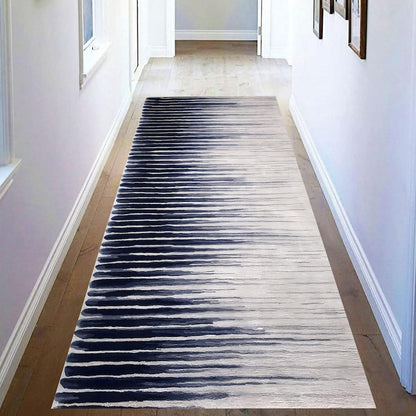 Navy Ombre Printed Runner Rug: Modern Striped Carpet, Non-Slip Machine-Washable