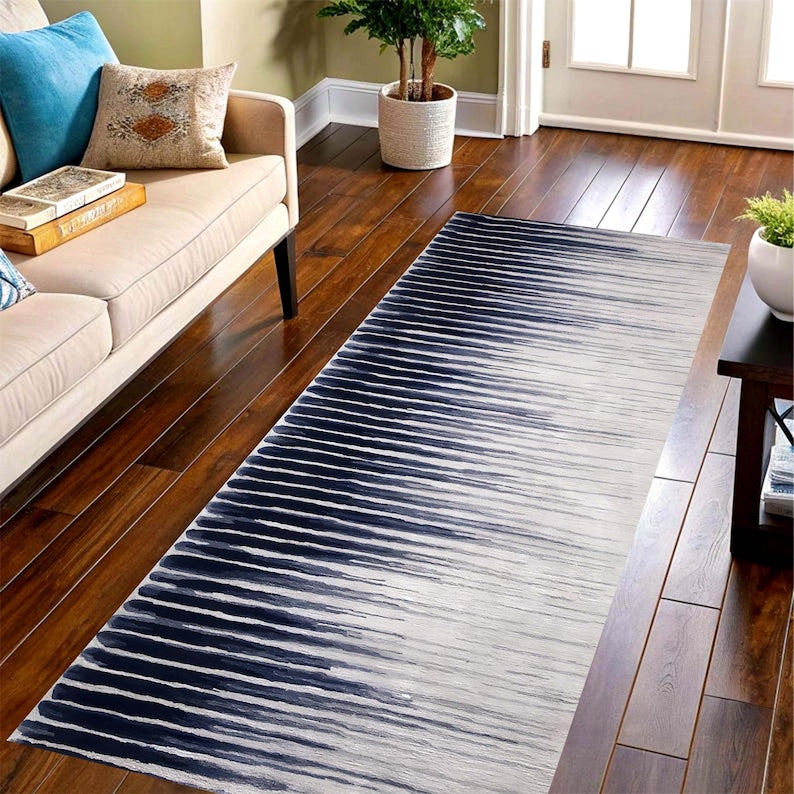Navy Ombre Printed Runner Rug: Modern Striped Carpet, Non-Slip Machine-Washable