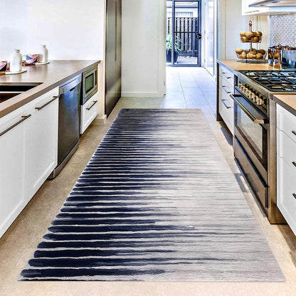 Navy Ombre Printed Runner Rug: Modern Striped Carpet, Non-Slip Machine-Washable