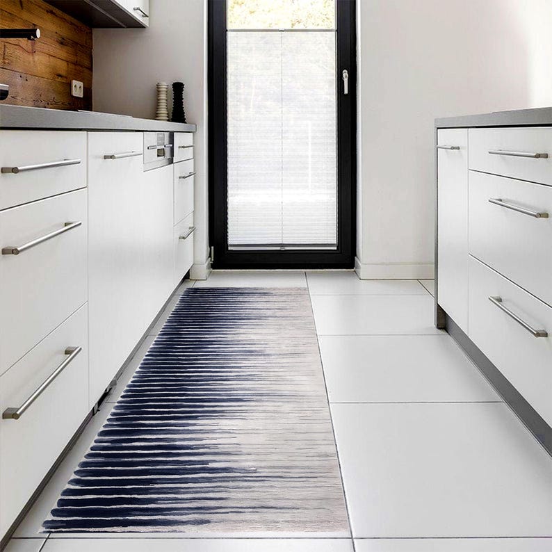 Navy Ombre Printed Runner Rug: Modern Striped Carpet, Non-Slip Machine-Washable