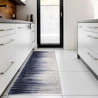 Navy Ombre Printed Runner Rug: Modern Striped Carpet, Non-Slip Machine-Washable