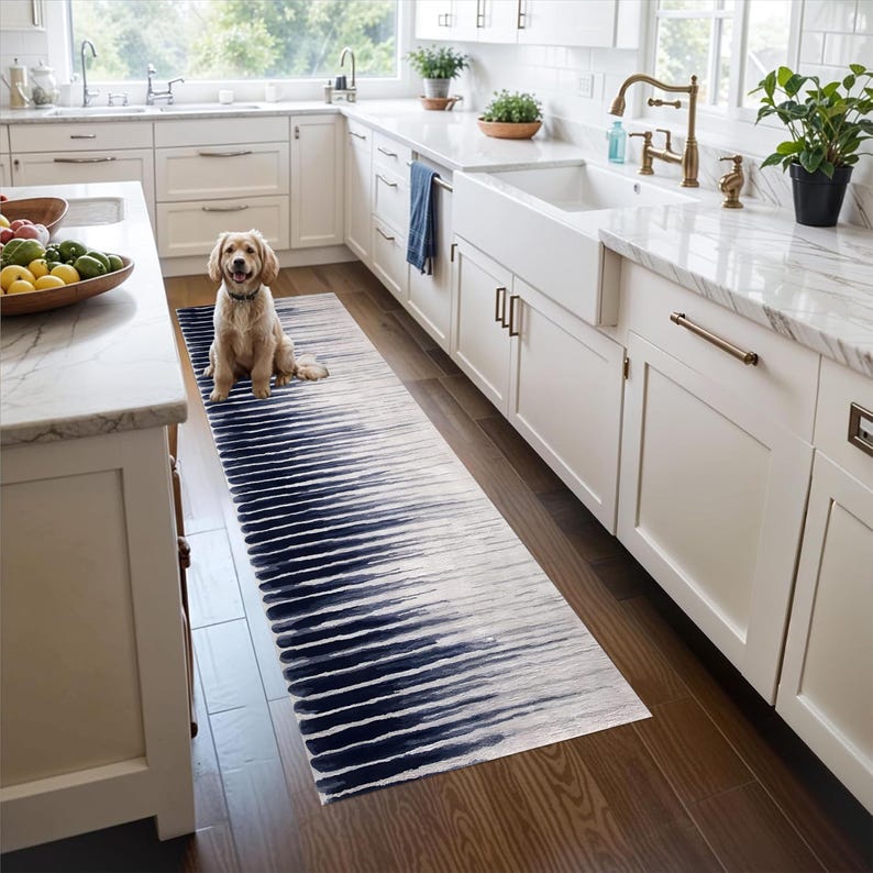Navy Ombre Printed Runner Rug: Modern Striped Carpet, Non-Slip Machine-Washable