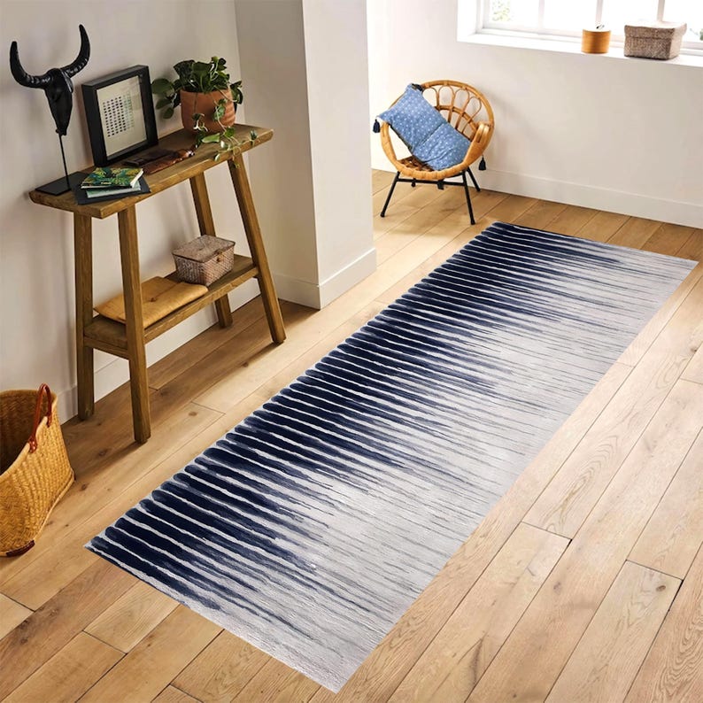 Navy Ombre Printed Runner Rug: Modern Striped Carpet, Non-Slip Machine-Washable
