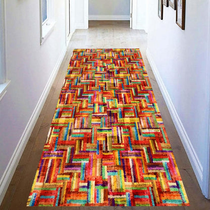 Colorful Boho Patchwork Runner Rug: Geometric Rainbow Hallway Carpet, Machine-Washable Non-Slip