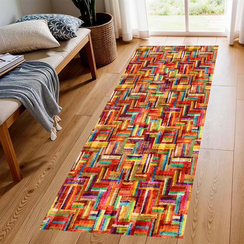 Colorful Boho Patchwork Runner Rug: Geometric Rainbow Hallway Carpet, Machine-Washable Non-Slip