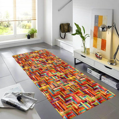Colorful Boho Patchwork Runner Rug: Geometric Rainbow Hallway Carpet, Machine-Washable Non-Slip