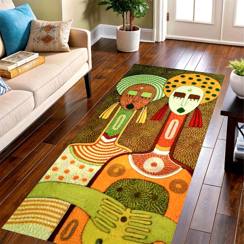 Abstract Tribal Figures Folk Art Printed Runner Rug: Colorful Modern Boho Carpet, Machine-Washable Non-Slip