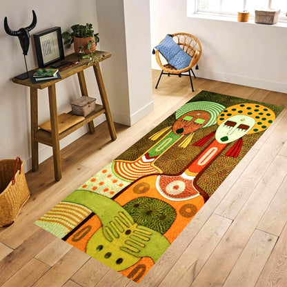 Abstract Tribal Figures Folk Art Printed Runner Rug: Colorful Modern Boho Carpet, Machine-Washable Non-Slip