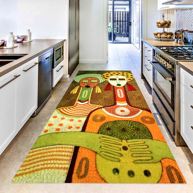 Abstract Tribal Figures Folk Art Printed Runner Rug: Colorful Modern Boho Carpet, Machine-Washable Non-Slip