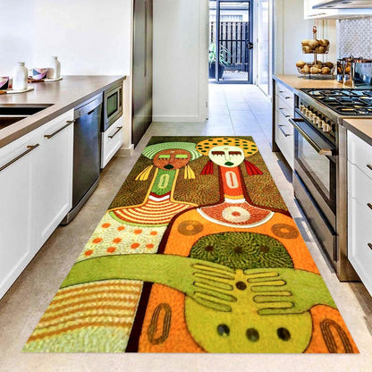 Abstract Tribal Figures Folk Art Printed Runner Rug: Colorful Modern Boho Carpet, Machine-Washable Non-Slip