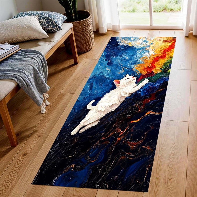 White Cat Abstract Runner Rug: Oil Painting Art Carpet, Machine-Washable Non-Slip