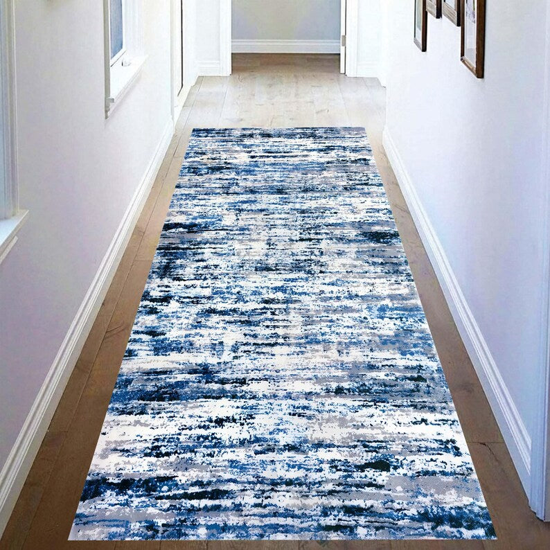 Blue Abstract Runner Rug: Ocean Frost Pattern Carpet, Non-Slip Machine-Washable