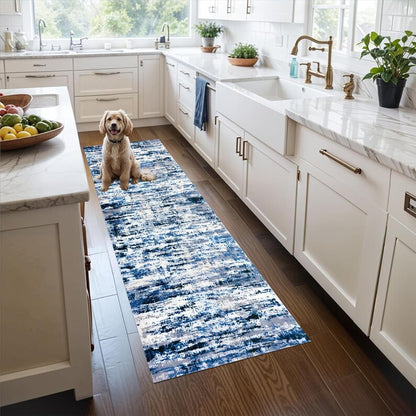Blue Abstract Runner Rug: Ocean Frost Pattern Carpet, Non-Slip Machine-Washable