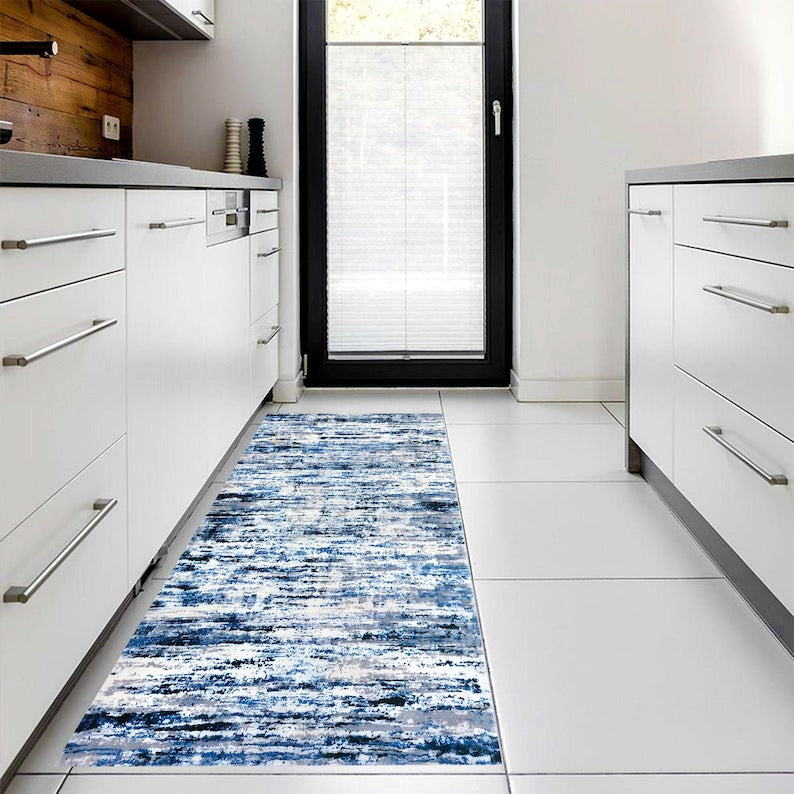 Blue Abstract Runner Rug: Ocean Frost Pattern Carpet, Non-Slip Machine-Washable
