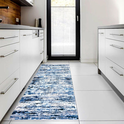 Blue Abstract Runner Rug: Ocean Frost Pattern Carpet, Non-Slip Machine-Washable