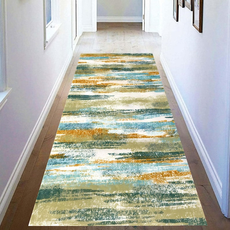 Teal Mustard Abstract Runner Rug: Modern Brushstroke Area Carpet, Non-Slip Machine-Washable