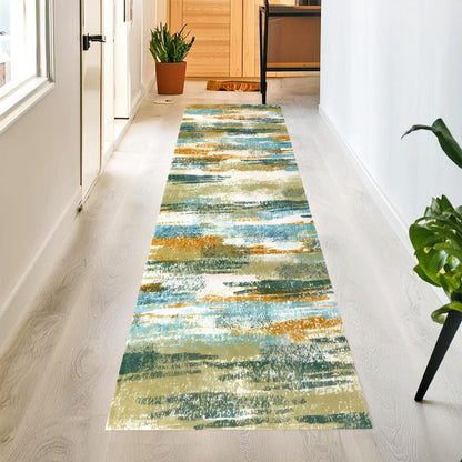 Teal Mustard Abstract Runner Rug: Modern Brushstroke Area Carpet, Non-Slip Machine-Washable