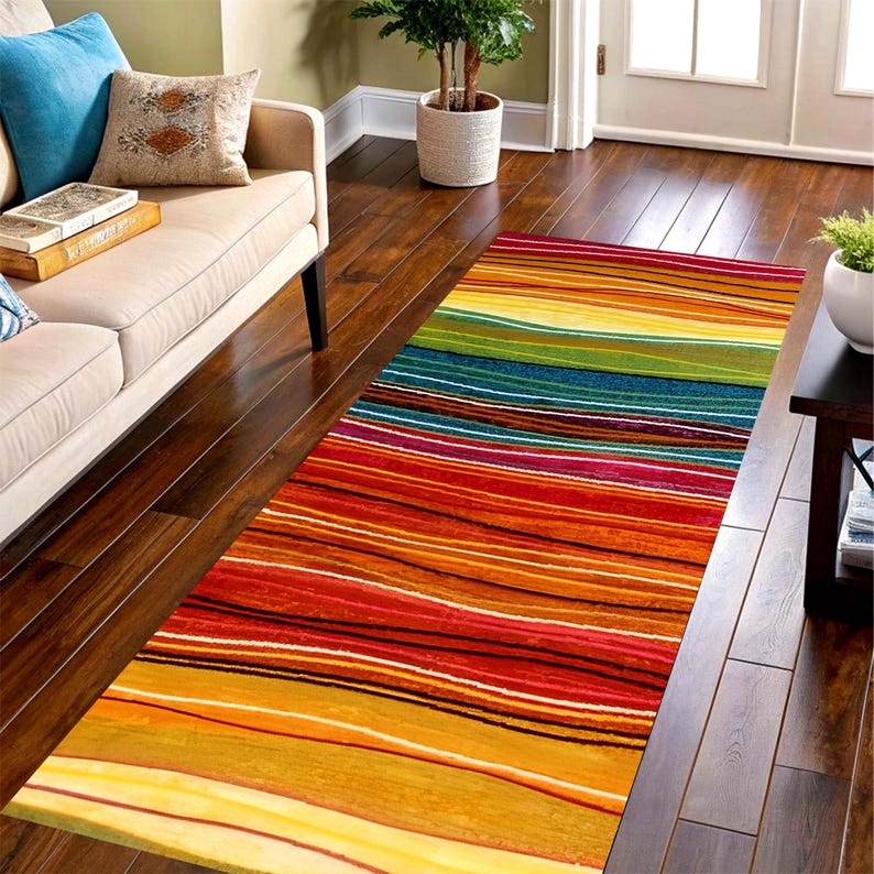 Sunset Stripe Runner Rug: Warm Boho Colors, Machine-Washable Non-Slip