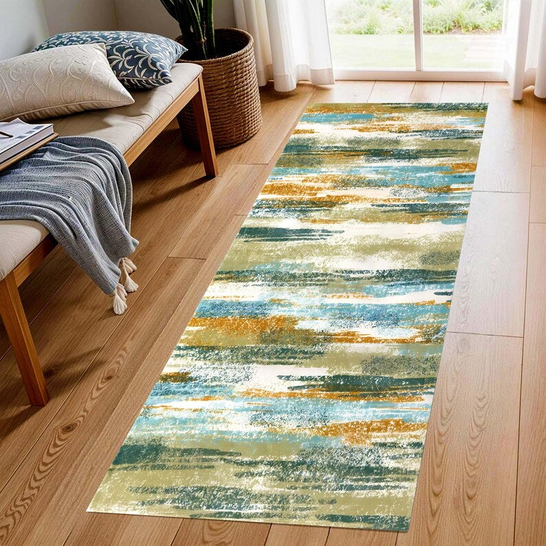 Teal Mustard Abstract Runner Rug: Modern Brushstroke Area Carpet, Non-Slip Machine-Washable