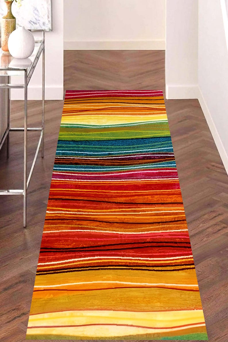 Sunset Stripe Runner Rug: Warm Boho Colors, Machine-Washable Non-Slip