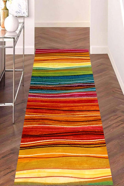 Sunset Stripe Runner Rug: Warm Boho Colors, Machine-Washable Non-Slip