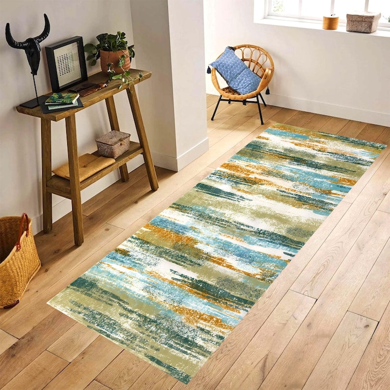 Teal Mustard Abstract Runner Rug: Modern Brushstroke Area Carpet, Non-Slip Machine-Washable
