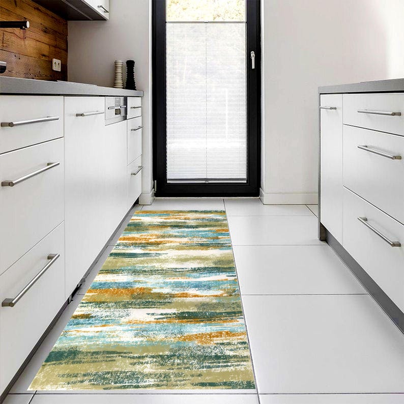 Teal Mustard Abstract Runner Rug: Modern Brushstroke Area Carpet, Non-Slip Machine-Washable
