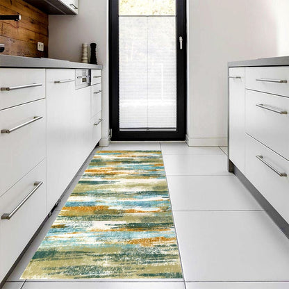 Teal Mustard Abstract Runner Rug: Modern Brushstroke Area Carpet, Non-Slip Machine-Washable