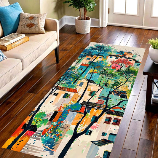 Color Splash Village Runner Rug: Abstract Town Hallway Carpet, Machine-Washable Non-Slip