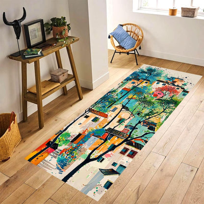 Color Splash Village Runner Rug: Abstract Town Hallway Carpet, Machine-Washable Non-Slip