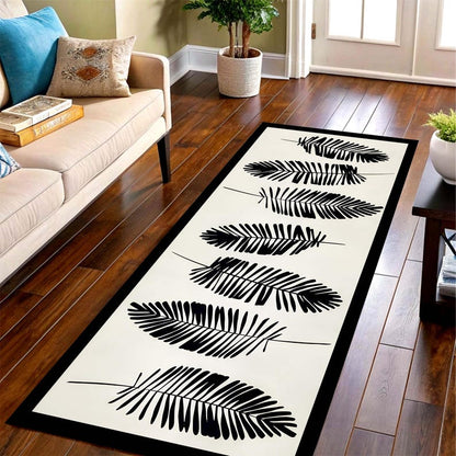Black Fern Runner Rug: Minimal Botanical Hallway Carpet, Non-Slip Machine-Washable