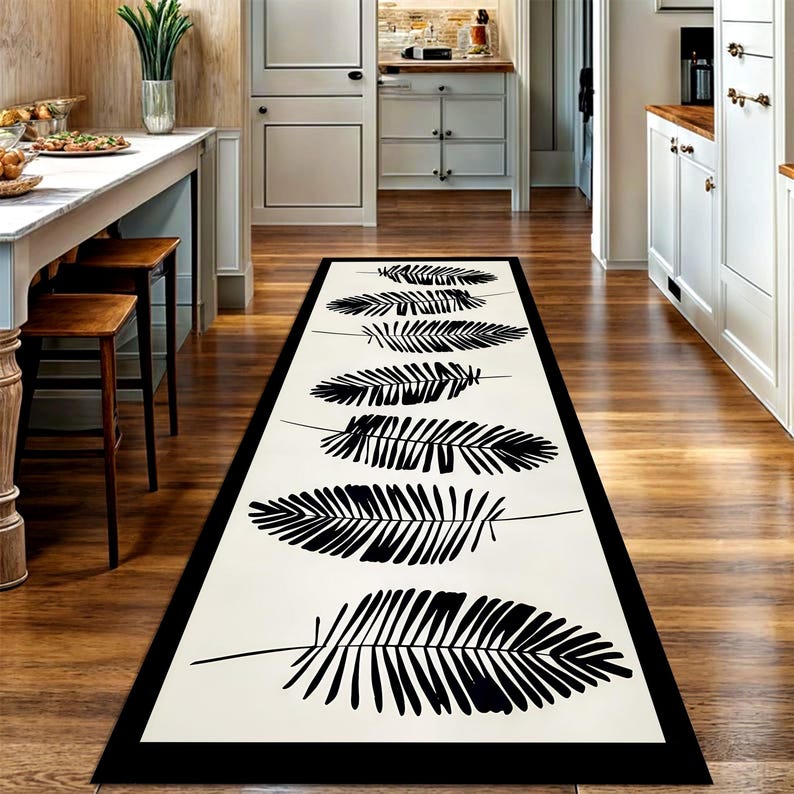 Black Fern Runner Rug: Minimal Botanical Hallway Carpet, Non-Slip Machine-Washable