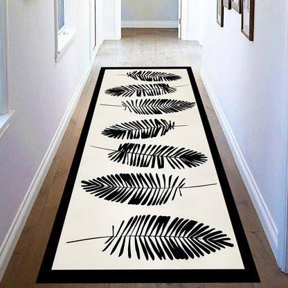 Black Fern Runner Rug: Minimal Botanical Hallway Carpet, Non-Slip Machine-Washable