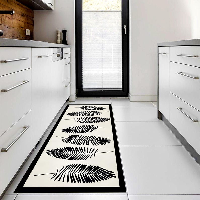 Black Fern Runner Rug: Minimal Botanical Hallway Carpet, Non-Slip Machine-Washable