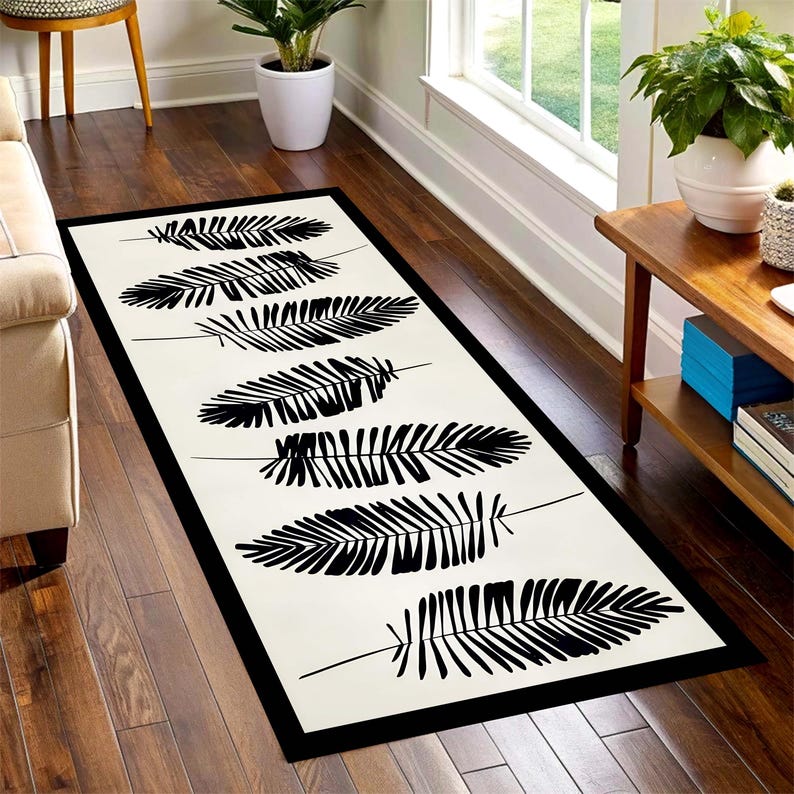 Black Fern Runner Rug: Minimal Botanical Hallway Carpet, Non-Slip Machine-Washable