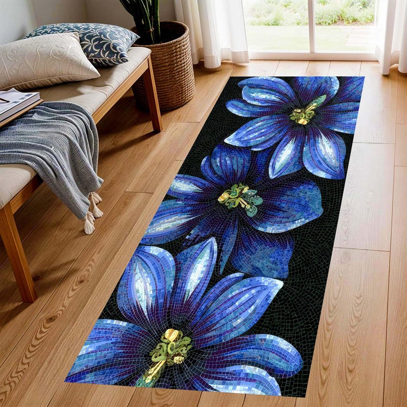 Blue Mosaic Flower Runner Rug: Modern Botanical Art Carpet , Machine-Washable Non-Slip