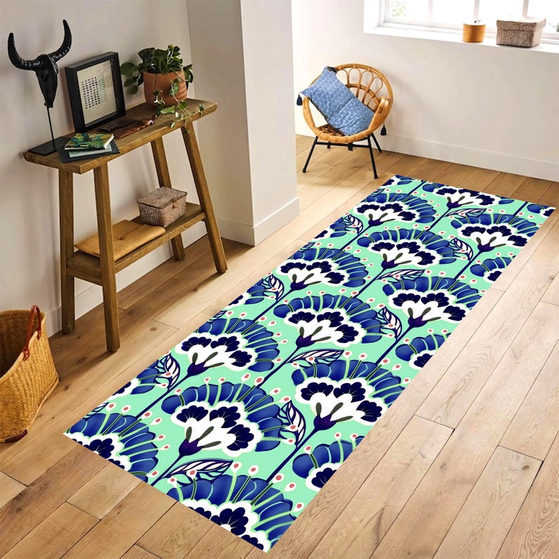 Mint Teal Floral Runner Rug: Blue White Botanical Hallway Carpet, Non-Slip Machine-Washable