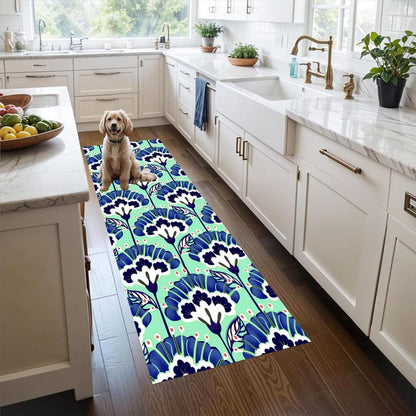 Mint Teal Floral Runner Rug: Blue White Botanical Hallway Carpet, Non-Slip Machine-Washable