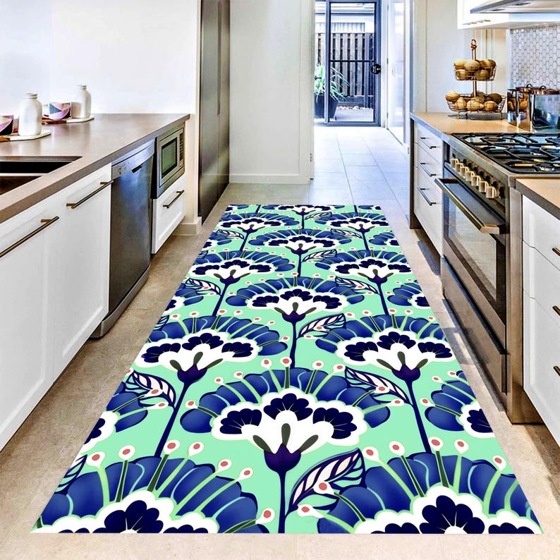 Mint Teal Floral Runner Rug: Blue White Botanical Hallway Carpet, Non-Slip Machine-Washable