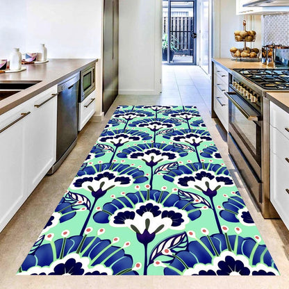 Mint Teal Floral Runner Rug: Blue White Botanical Hallway Carpet, Non-Slip Machine-Washable