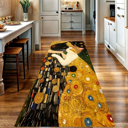 Art Nouveau Cat Kiss Runner Rug: Gold Mosaic Hallway Carpet, Non-Slip Machine-Washable