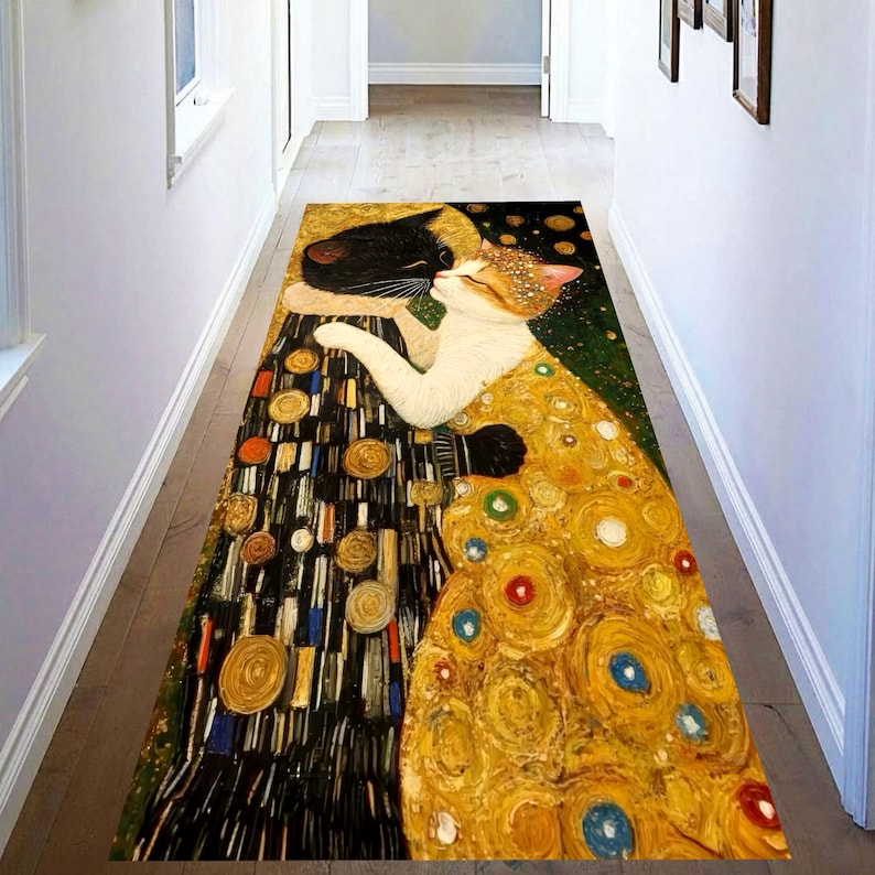 Art Nouveau Cat Kiss Runner Rug: Gold Mosaic Hallway Carpet, Non-Slip Machine-Washable