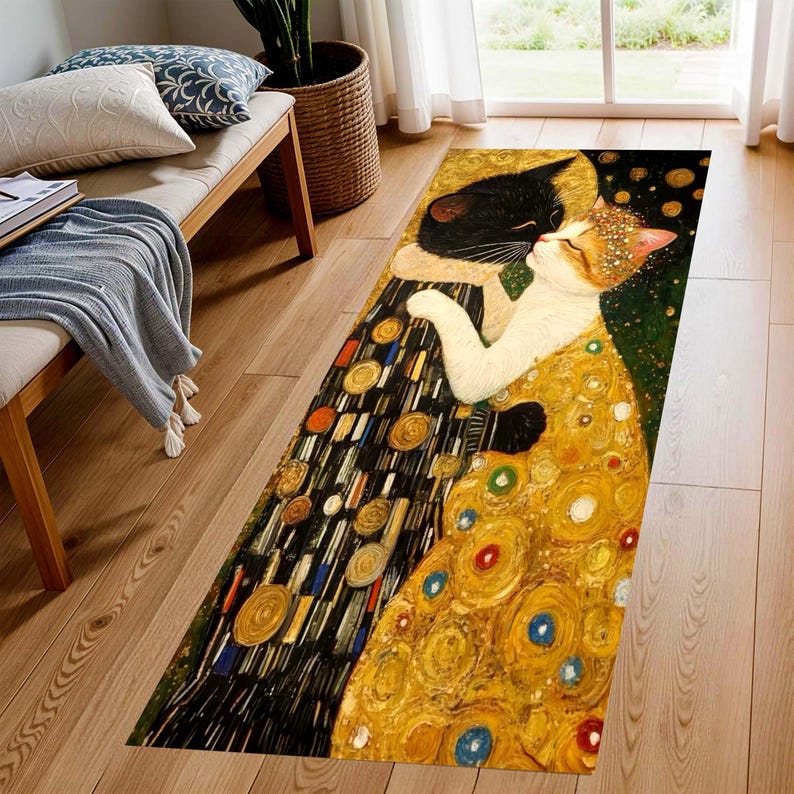Art Nouveau Cat Kiss Runner Rug: Gold Mosaic Hallway Carpet, Non-Slip Machine-Washable