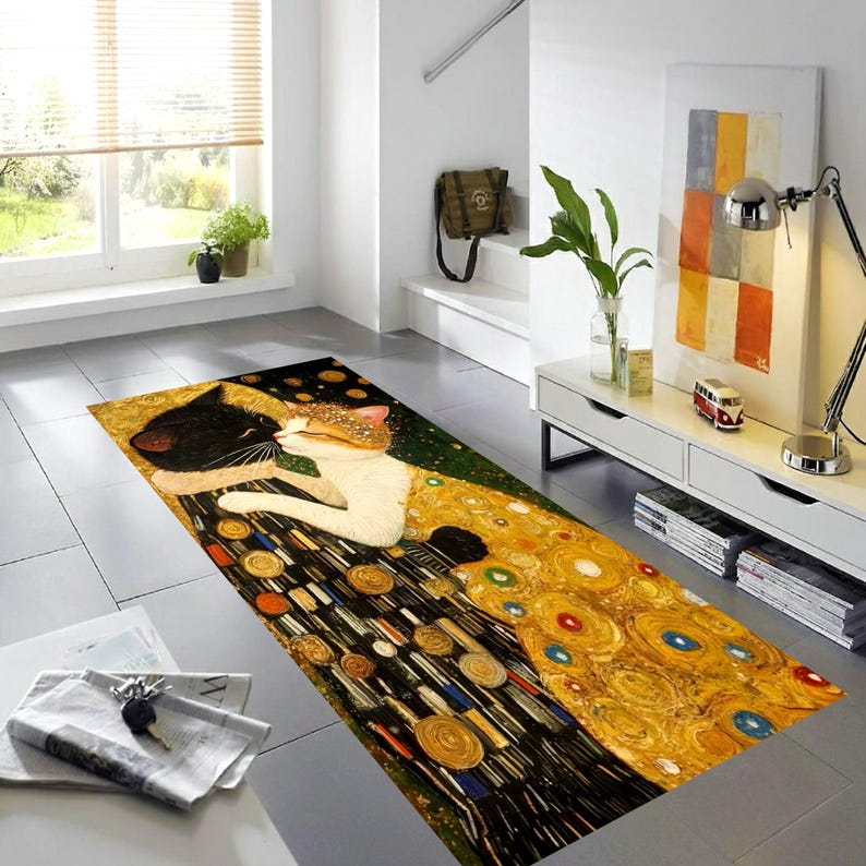 Art Nouveau Cat Kiss Runner Rug: Gold Mosaic Hallway Carpet, Non-Slip Machine-Washable