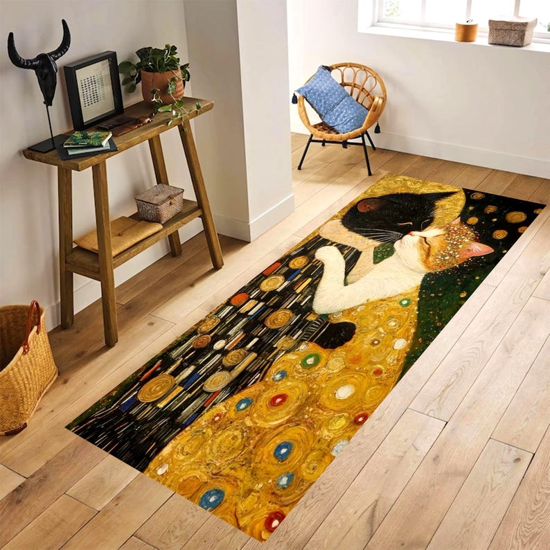 Art Nouveau Cat Kiss Runner Rug: Gold Mosaic Hallway Carpet, Non-Slip Machine-Washable